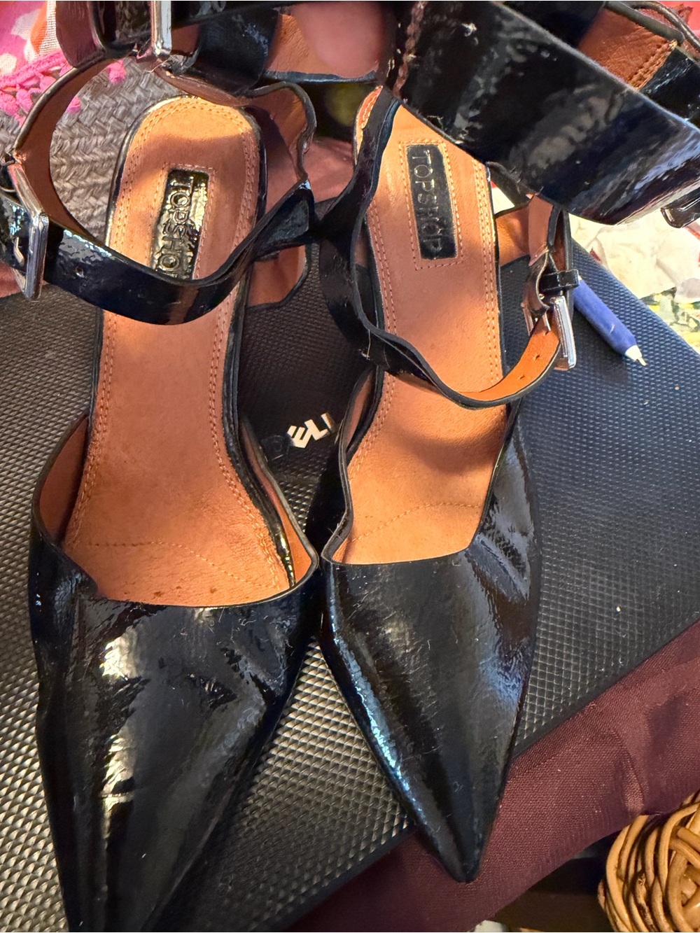 Topshop Black Patent Pointed Toe Ankle Strap Heels